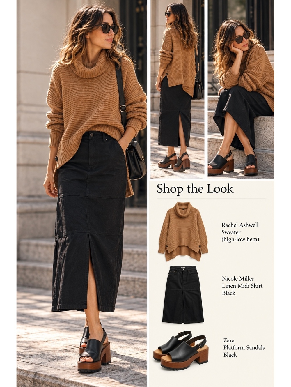 Nicole Miller Linen Midi Skirt Black European Flax Minimalist NWT M